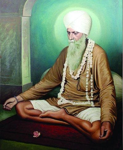 Painted portrait of Sant Jawala Singh Ji seated in meditation, wearing a garland